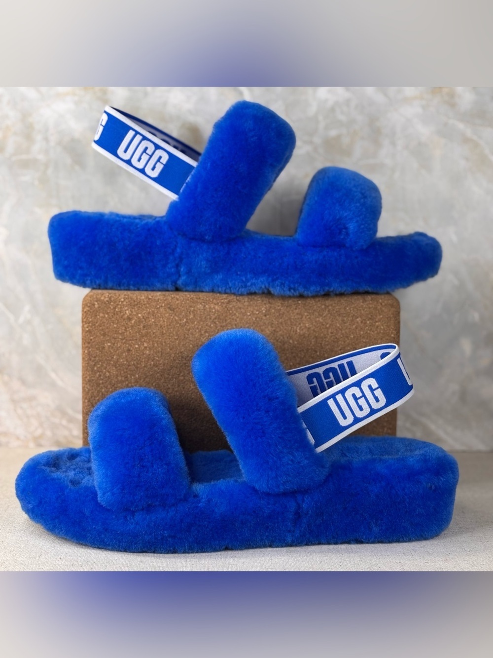 UGG Oh Yeah Cobalt Blue Sheepskin Platform Slingback Slides Size 9